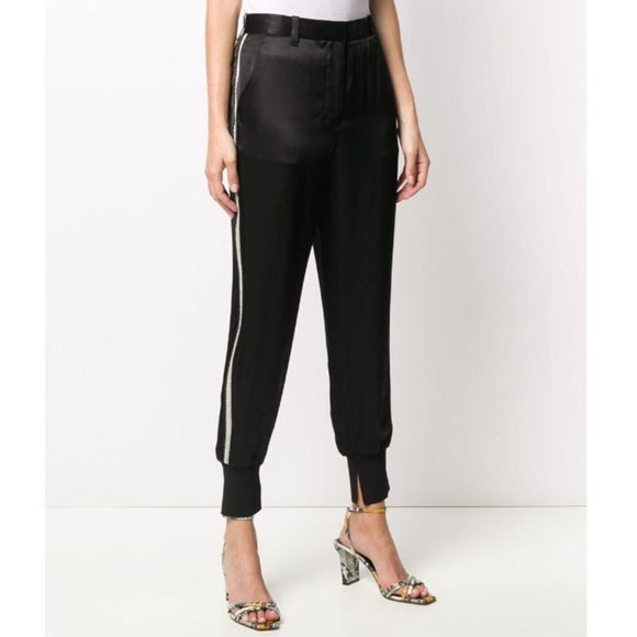 NWOT 3.1 Phillip Lim black satin jogger pants with metallic side stripe, 0 - Picture 2 of 7